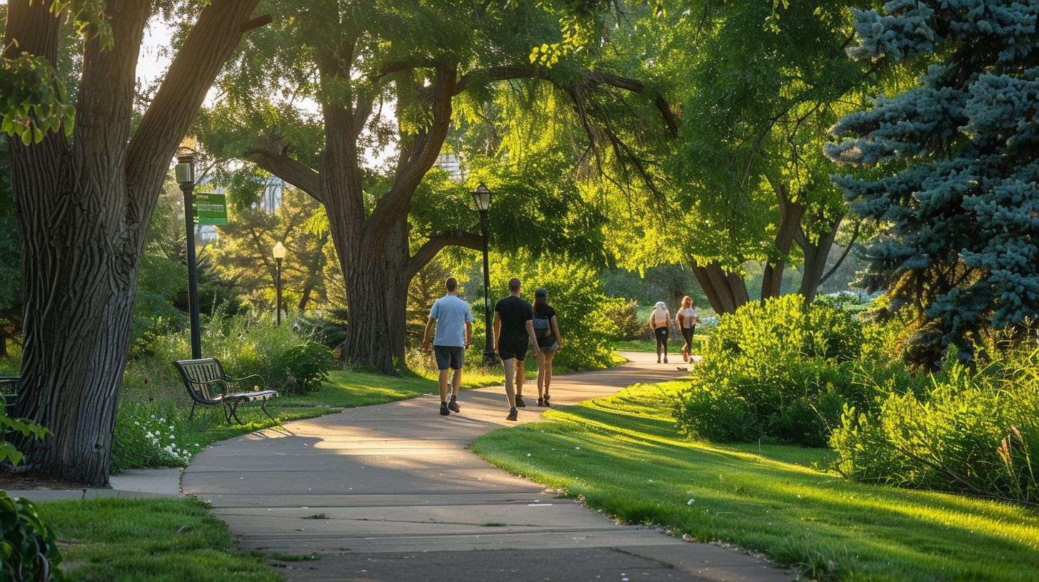 Visitors enjoying a tranquil walk through Cheesman Park, capturing the serene natural surroundings with wide-angle photography.