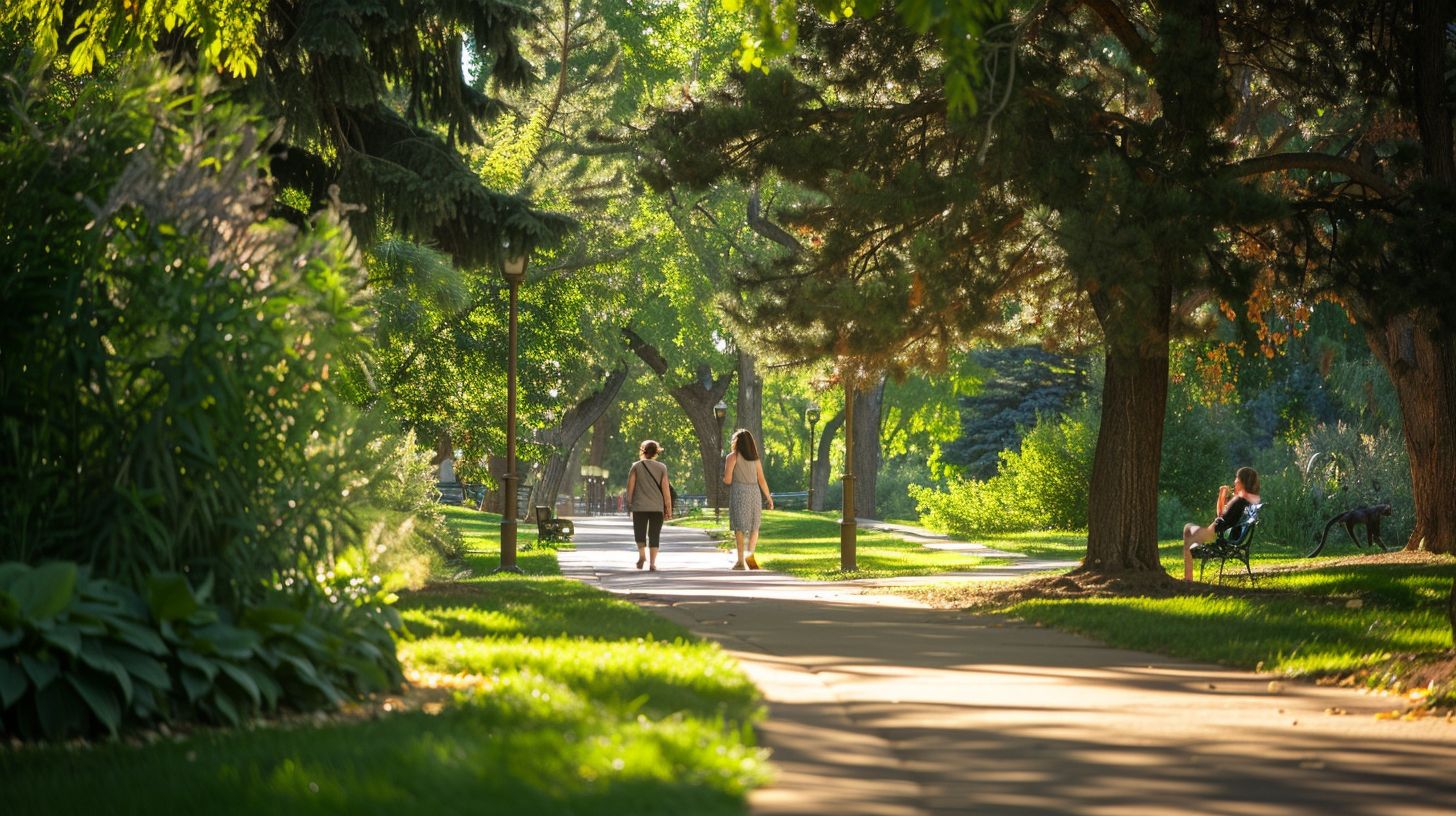 Visitors enjoying a tranquil walk through Cheesman Park, capturing the serene natural surroundings with wide-angle photography.