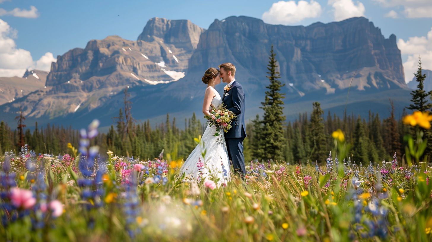 A bride and groom standing in a field of wildflowers with the Rocky Mountains in the background.