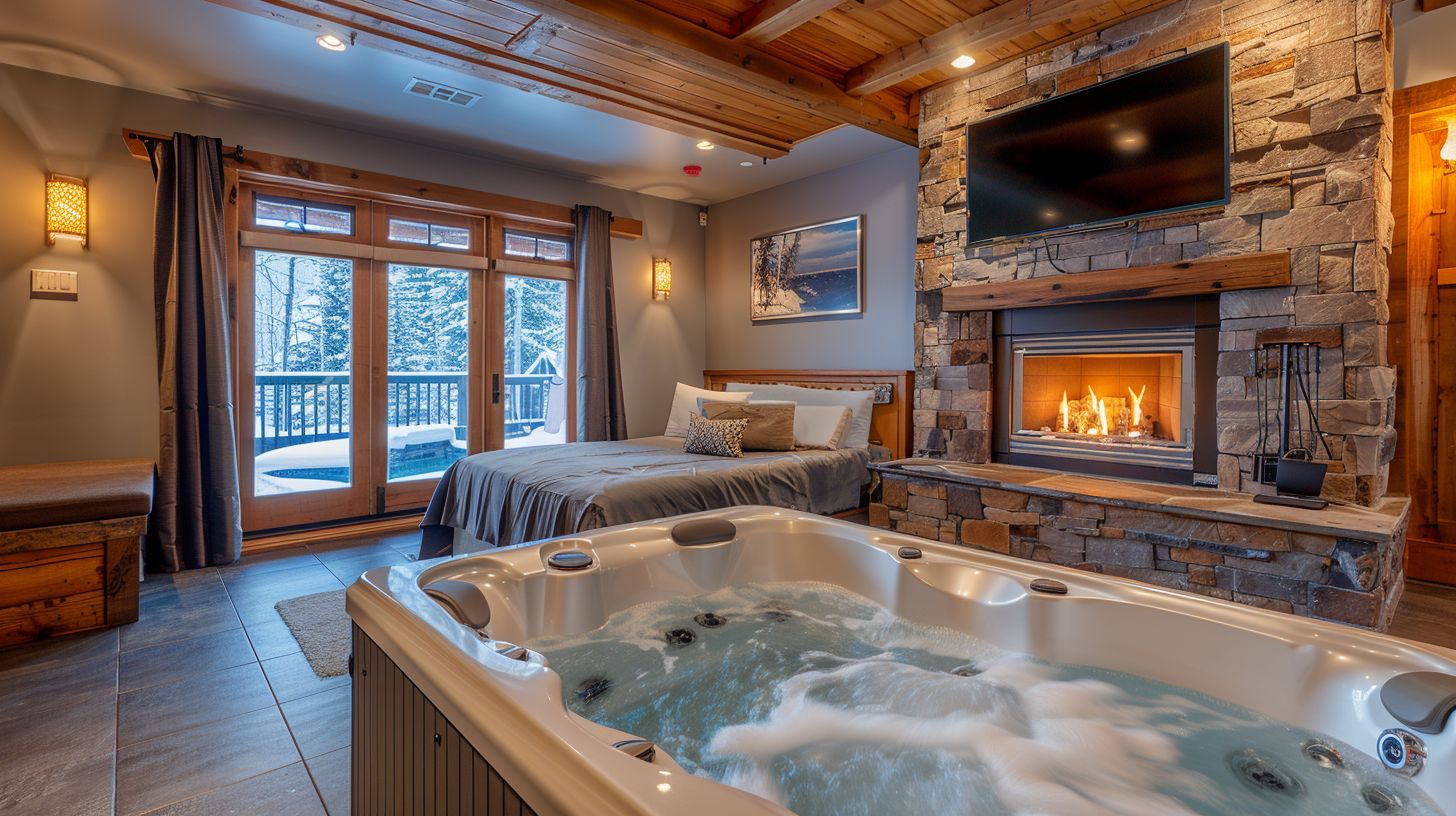 A luxurious suite with hot tub and fireplace, captured with a wide-angle lens.