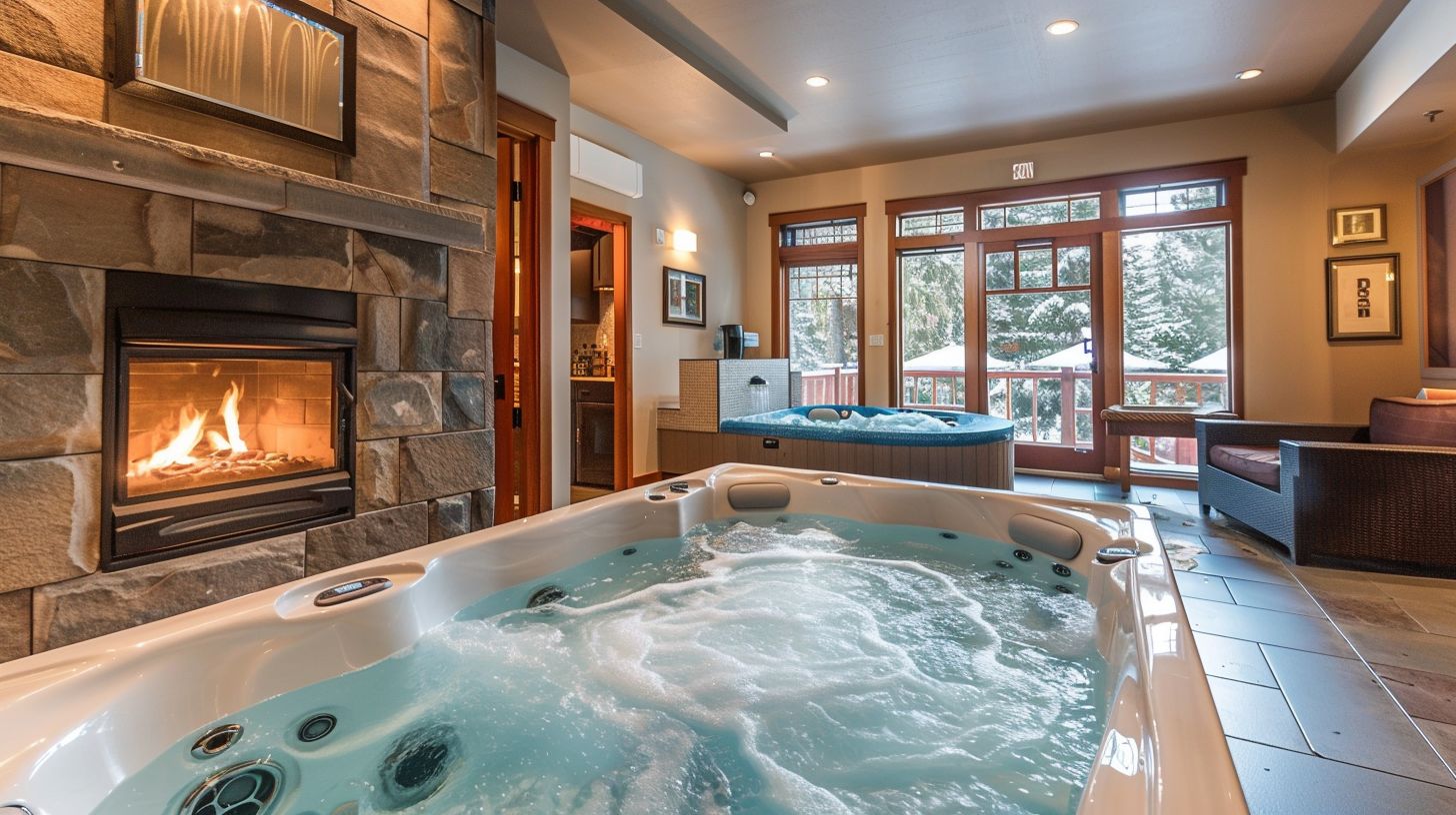 A luxurious suite with hot tub and fireplace, captured with a wide-angle lens.