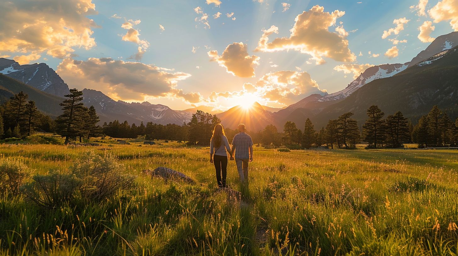 A couple walks hand in hand through Moraine Park, capturing the scenic landscape for nature photography.