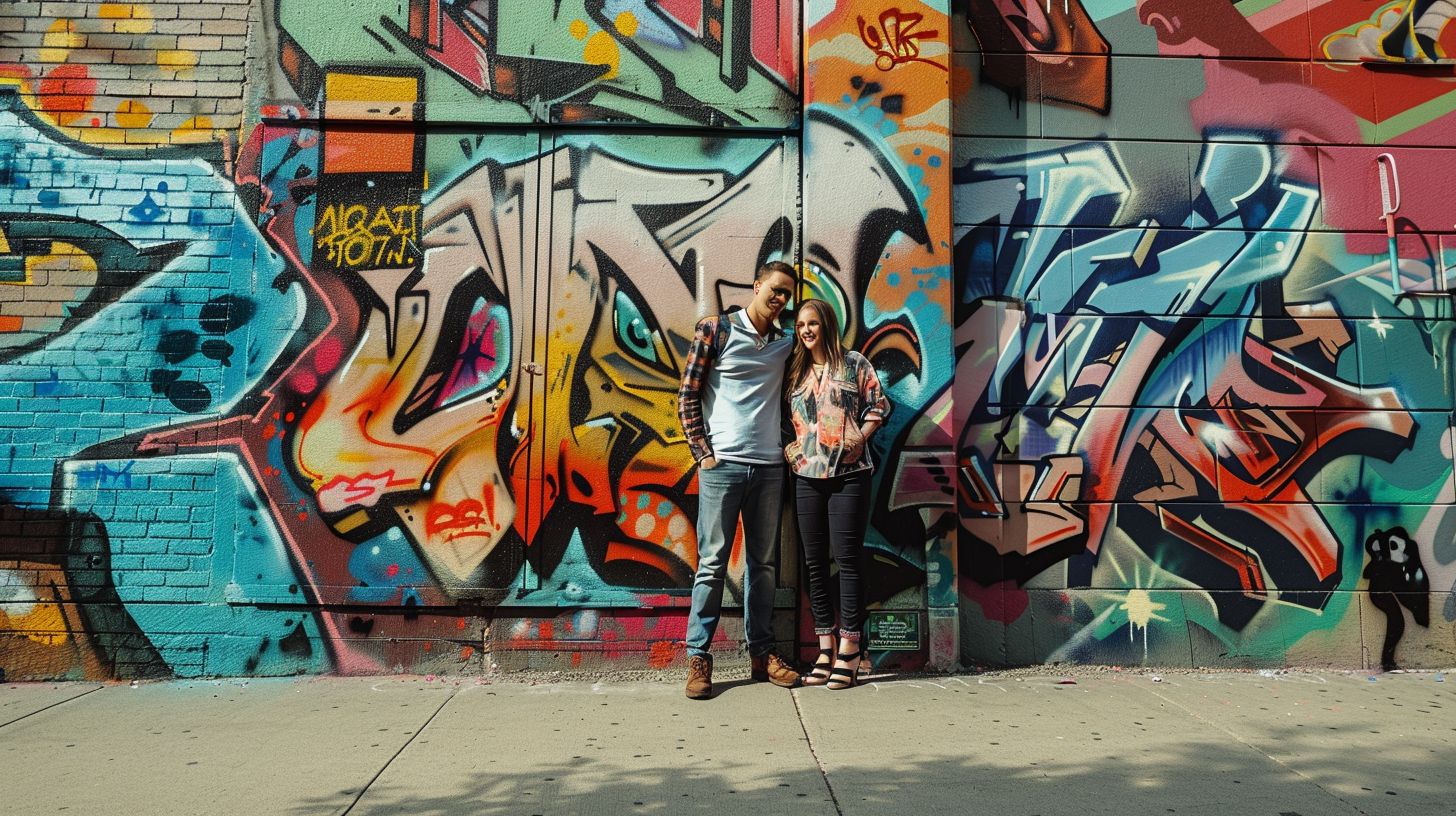 A couple is standing in front of a colorful graffiti wall on The Franklin Street.