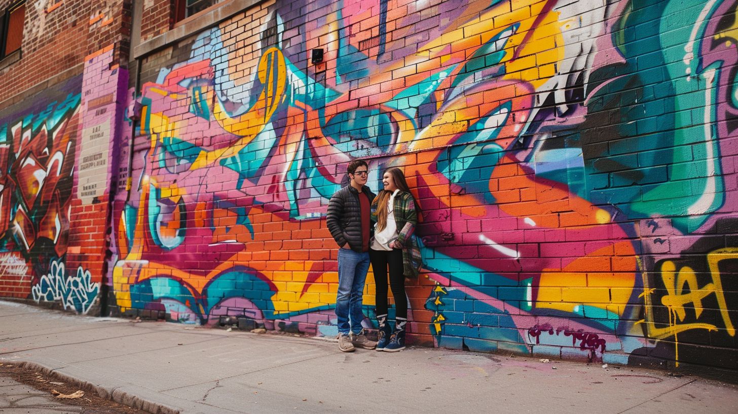 A couple is standing in front of a colorful graffiti wall on The Franklin Street.