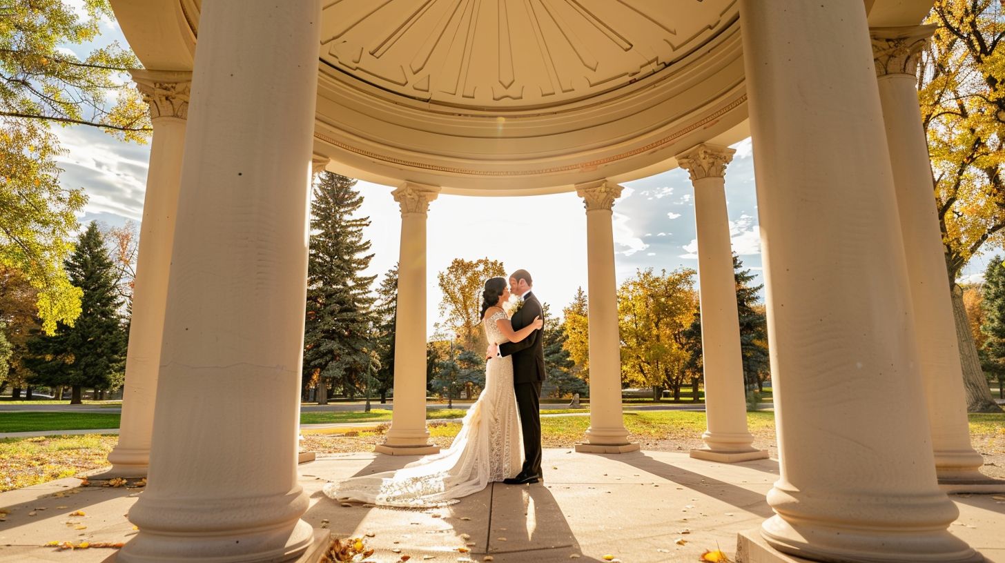 A bride and groom stand in the pavilion at Cheesman Park for a landscape photograph.