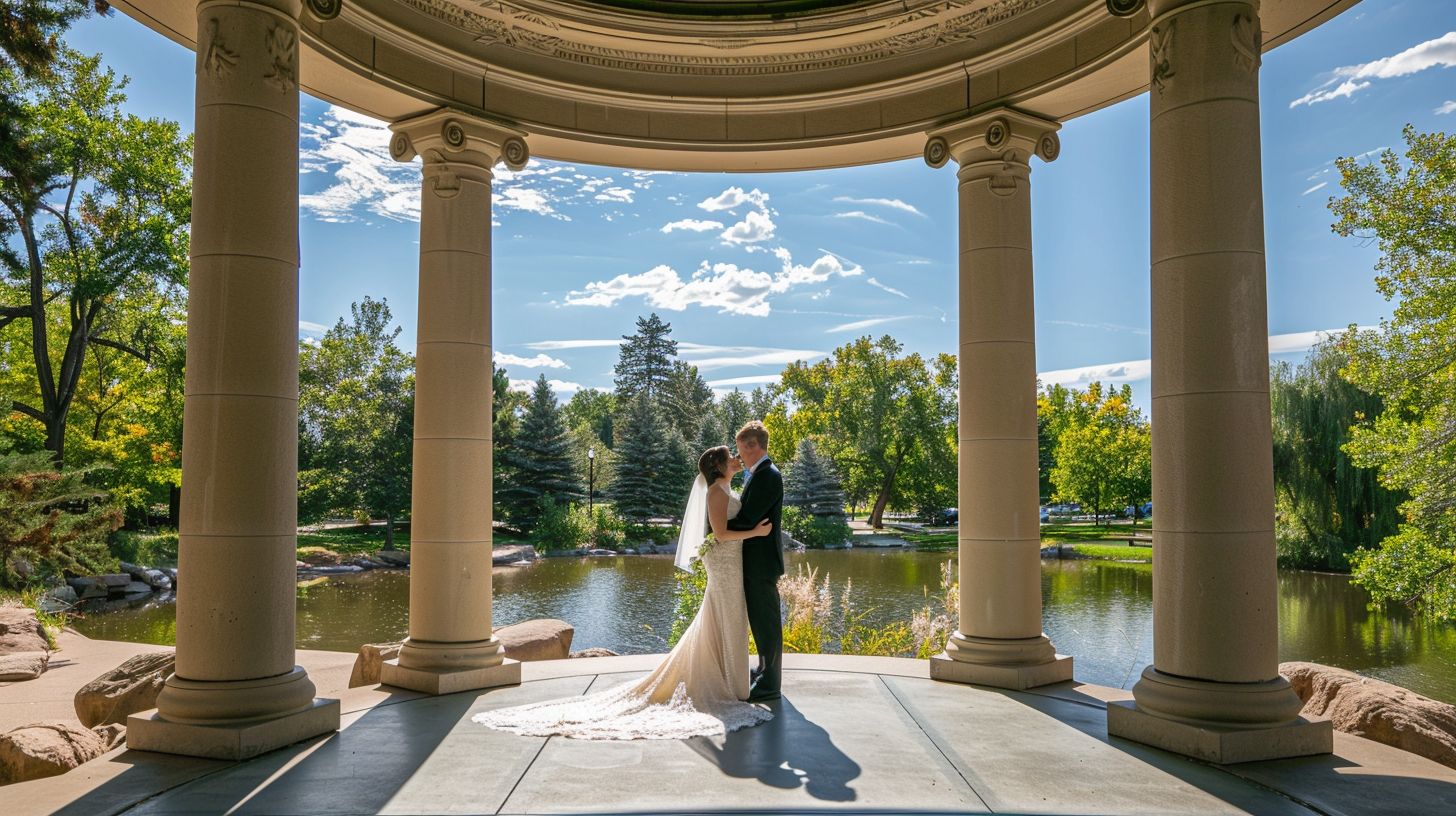A bride and groom stand in the pavilion at Cheesman Park for a landscape photograph.