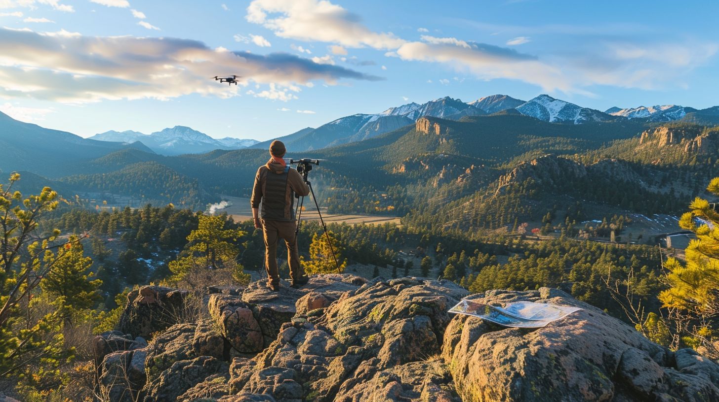 A photographer is using a drone to capture breathtaking aerial views of Estes Park.