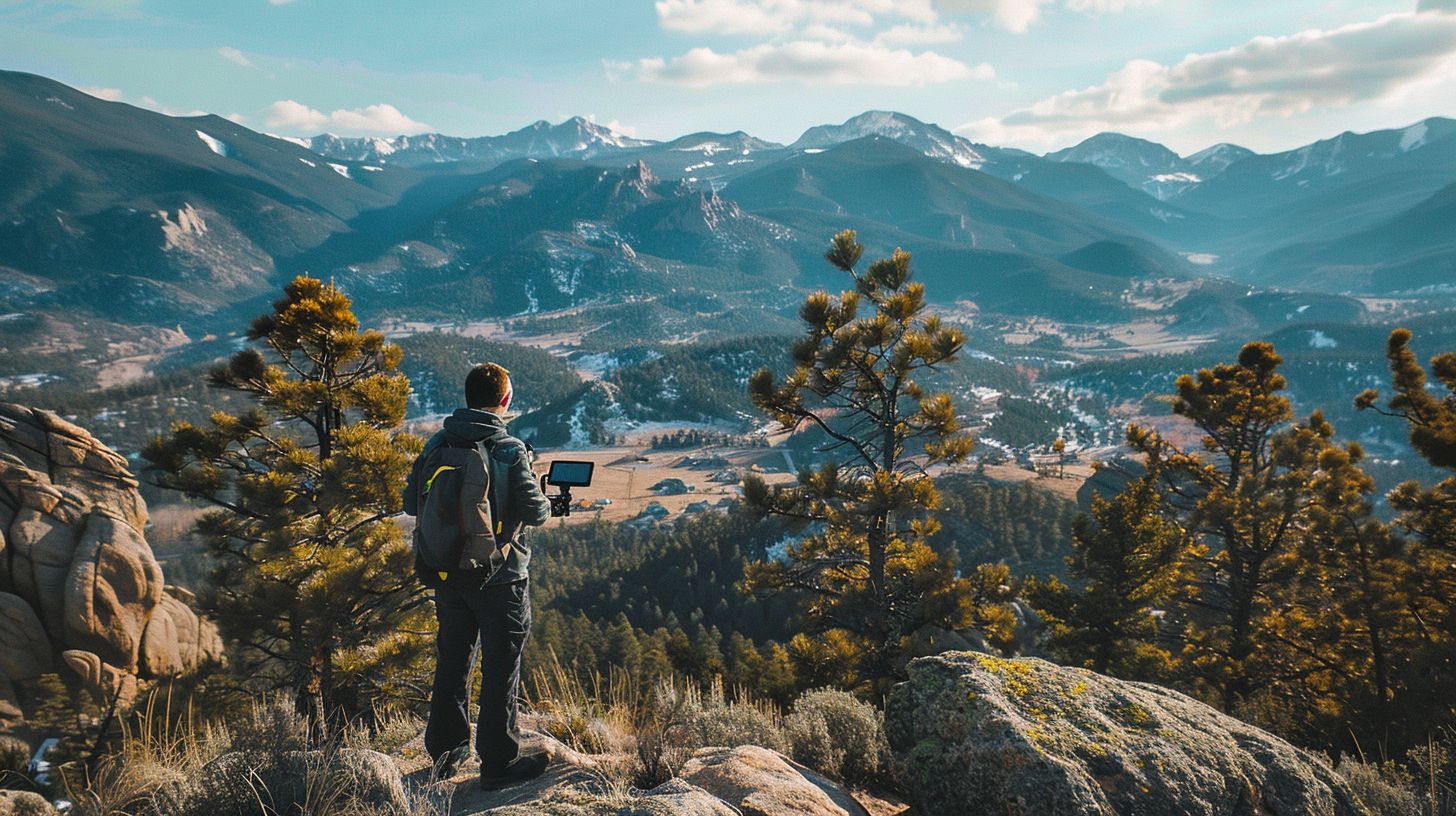 A photographer is using a drone to capture breathtaking aerial views of Estes Park.