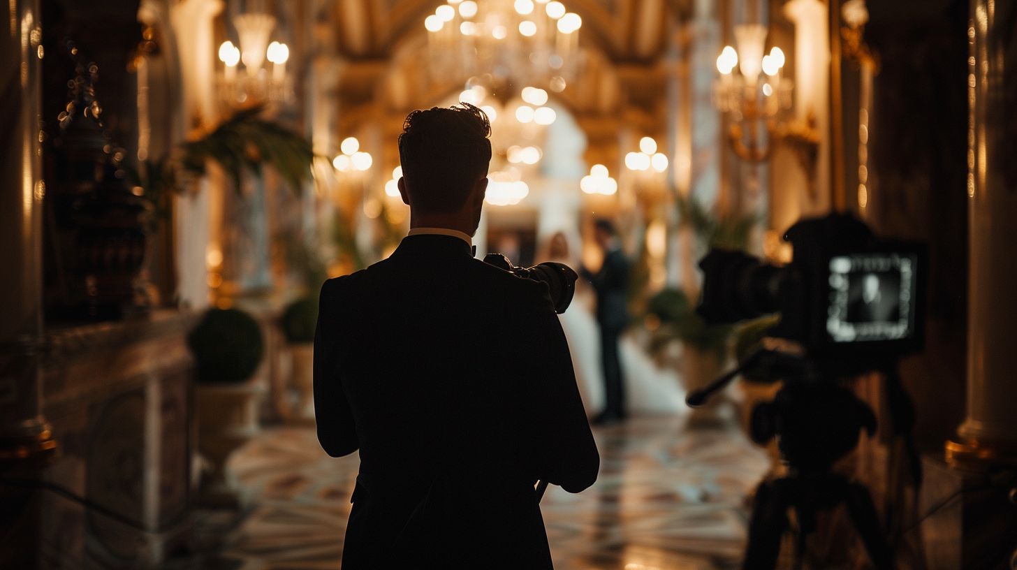 A wedding photographer in formal attire capturing candid moments at a luxurious wedding venue.