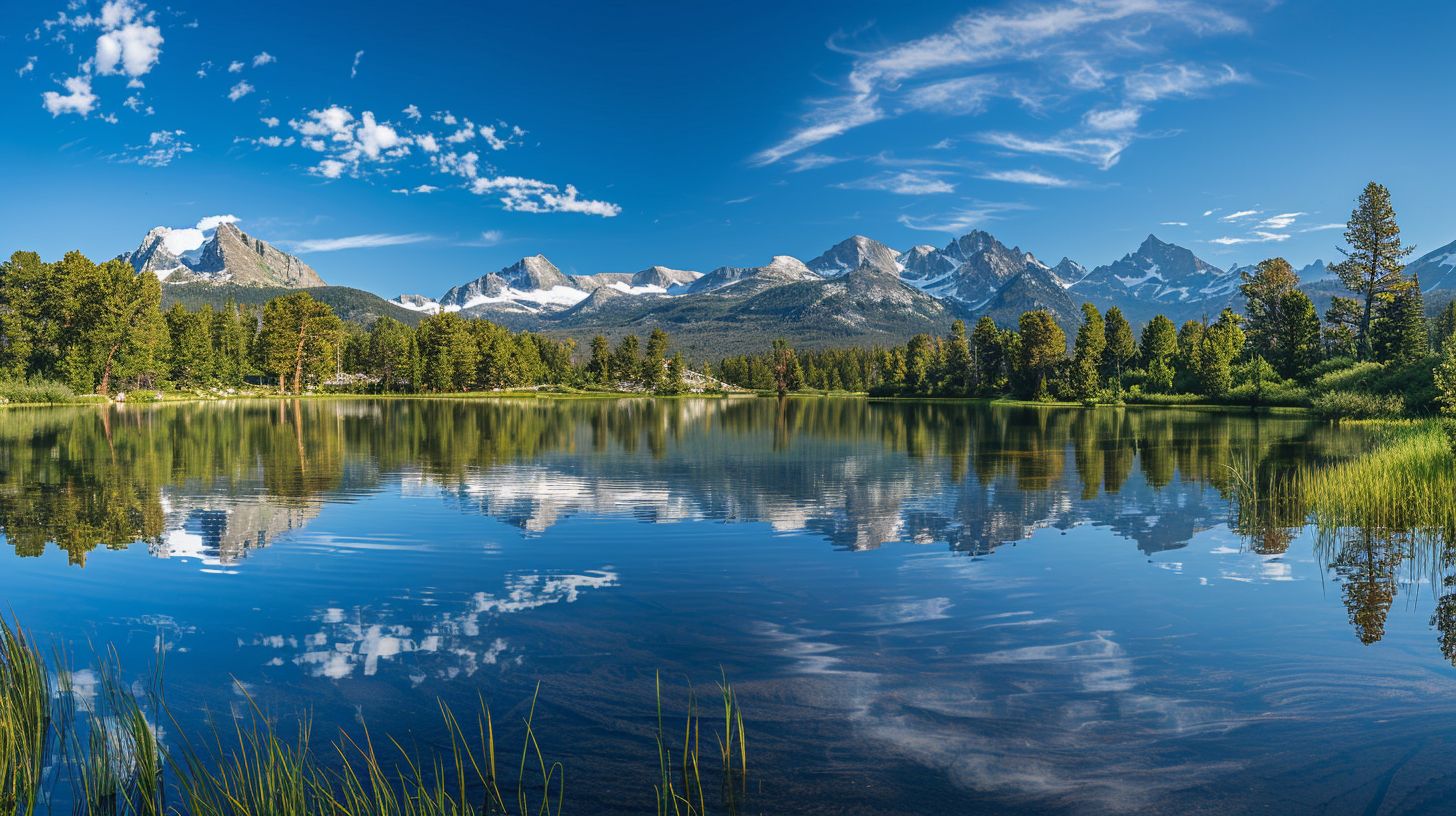 A wide-angle shot of Sprague Lake with a stunning mountain reflection.