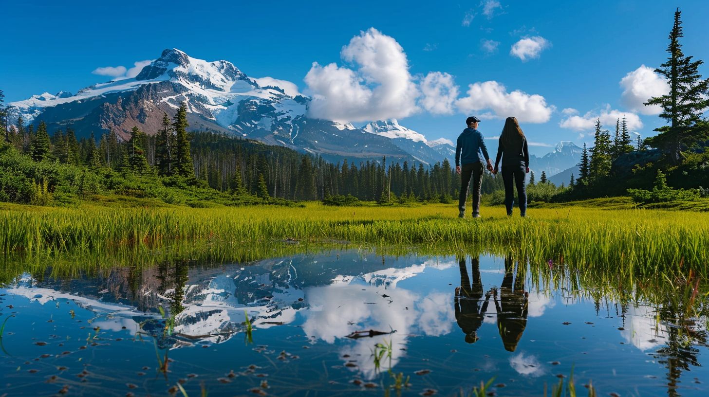 A couple enjoying the scenic view at Moraine Meadow in a wide-angle landscape photograph.