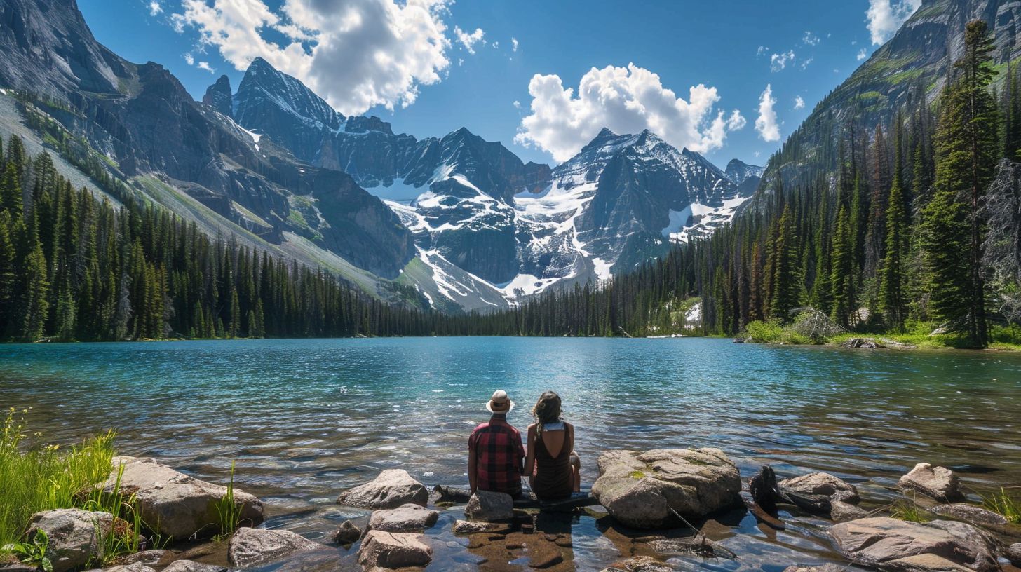 A couple enjoying the scenic view at Moraine Meadow in a wide-angle landscape photograph.