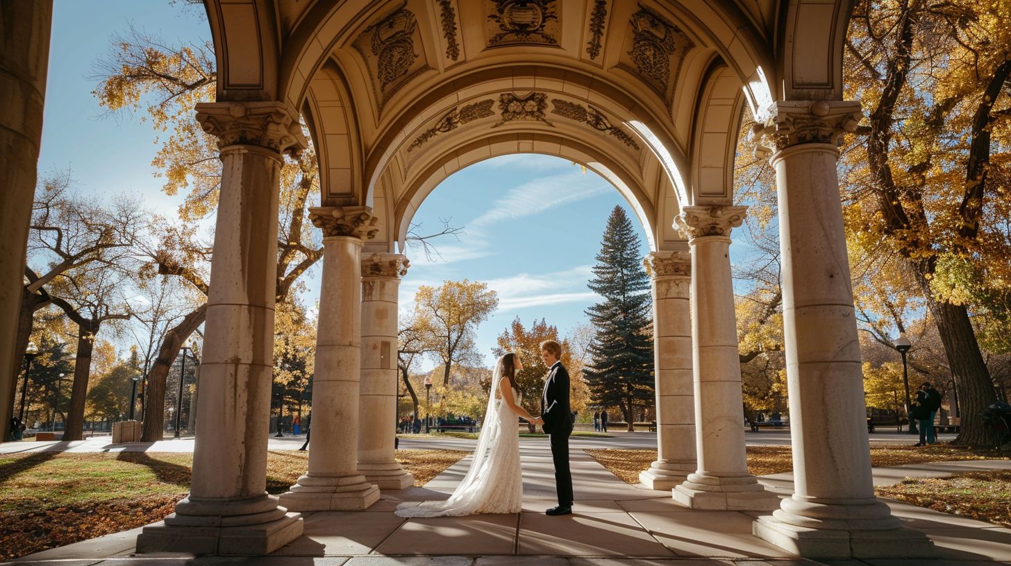 A newly married couple holding hands under the Cheesman Park Pavilion arch.