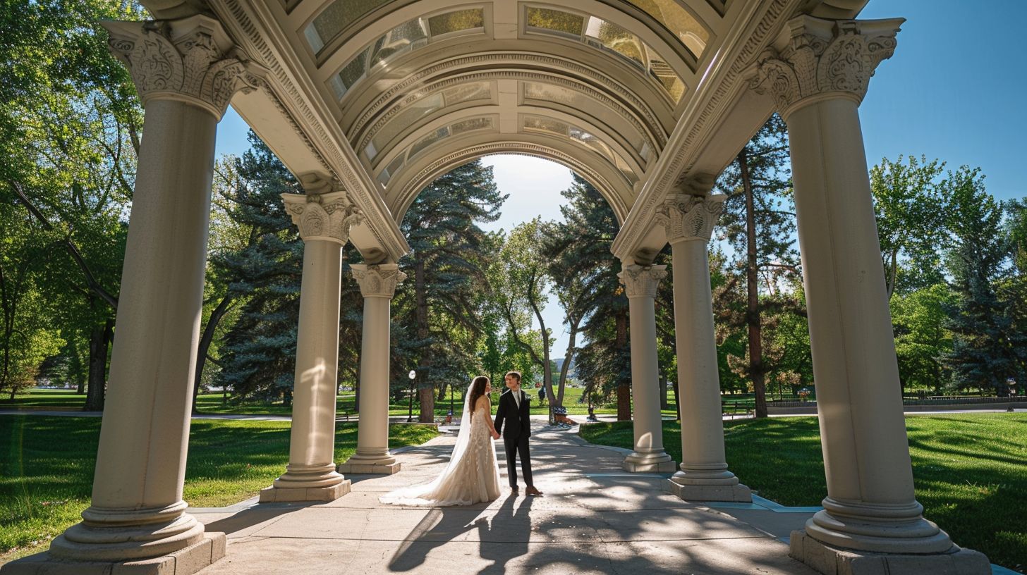 A newly married couple holding hands under the Cheesman Park Pavilion arch.
