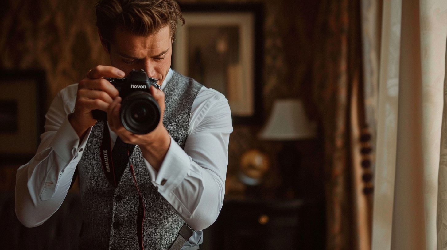 A wedding photographer adjusts their camera settings while dressed elegantly in muted tones.