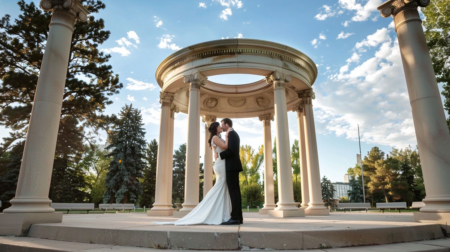 A newlywed couple embraces in front of the Pavilion at Cheesman Park, with the cityscape in the background.