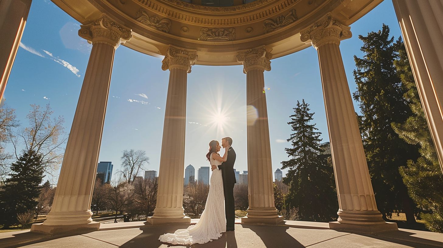 A newlywed couple embraces in front of the Pavilion at Cheesman Park, with the cityscape in the background.