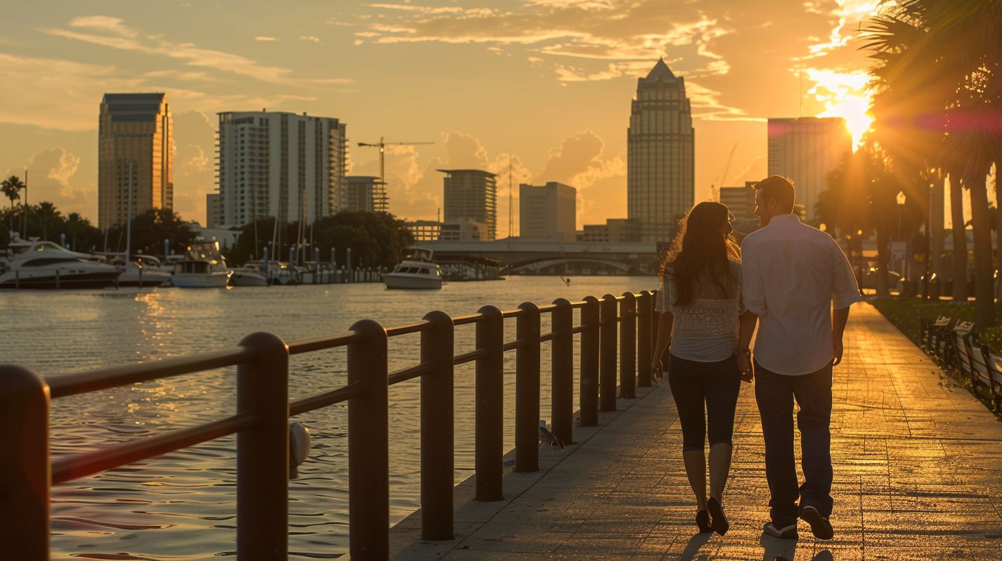A couple walks along Tampa Riverwalk at sunset with city skyline in background, capturing the scene with DSLR.