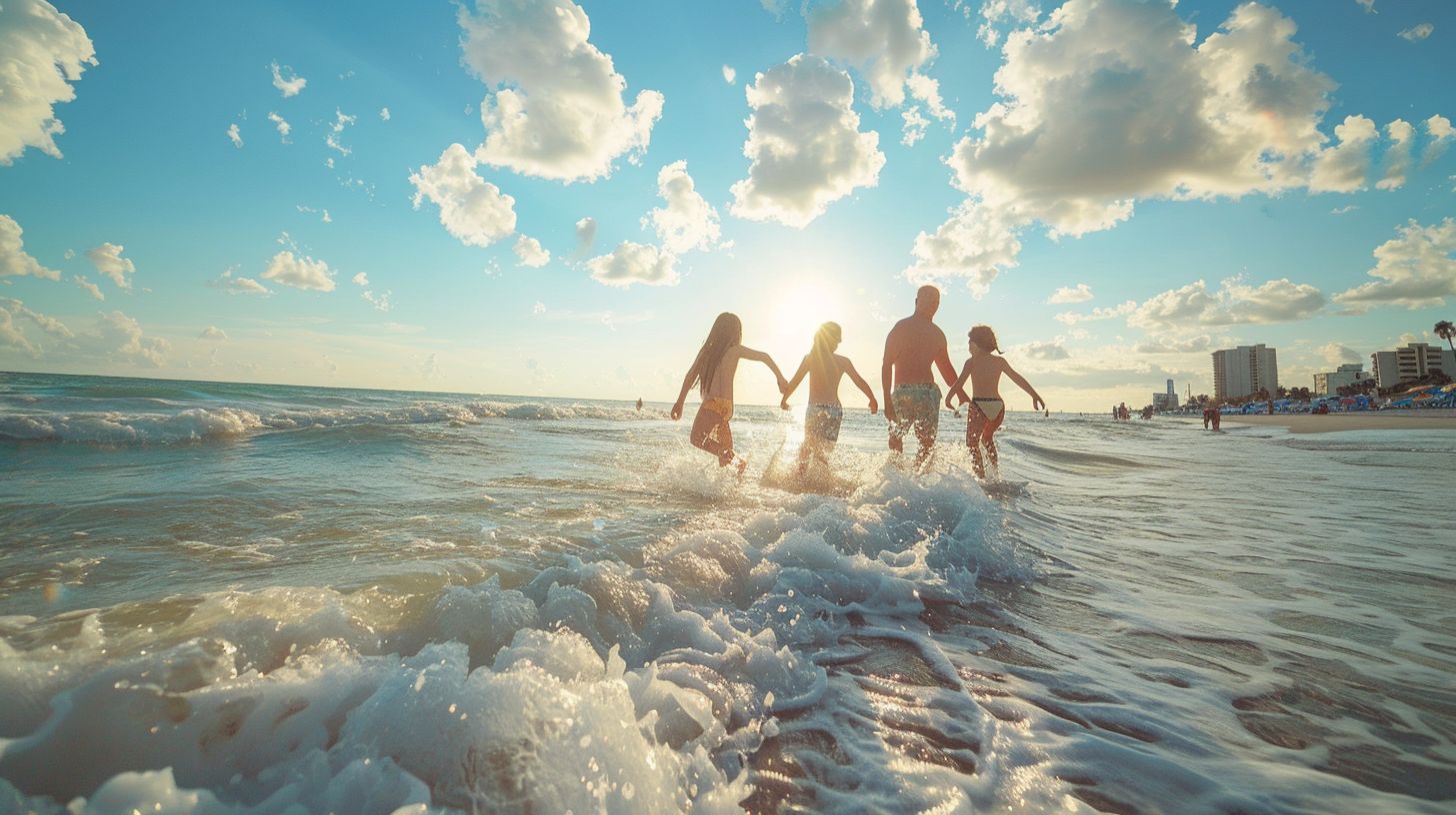 A joyful family enjoys playing in the waves at Clearwater Beach.