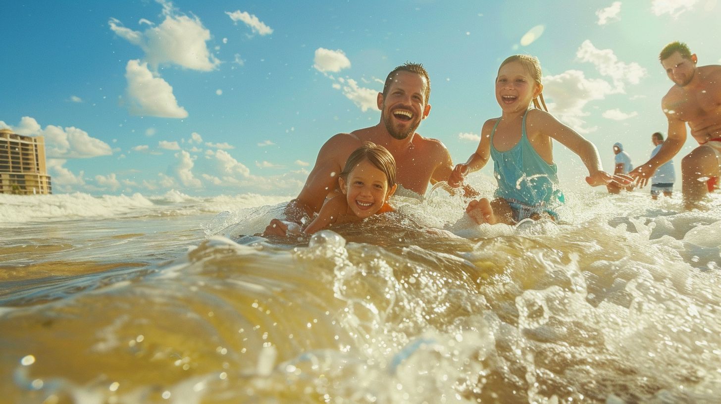 A joyful family enjoys playing in the waves at Clearwater Beach.