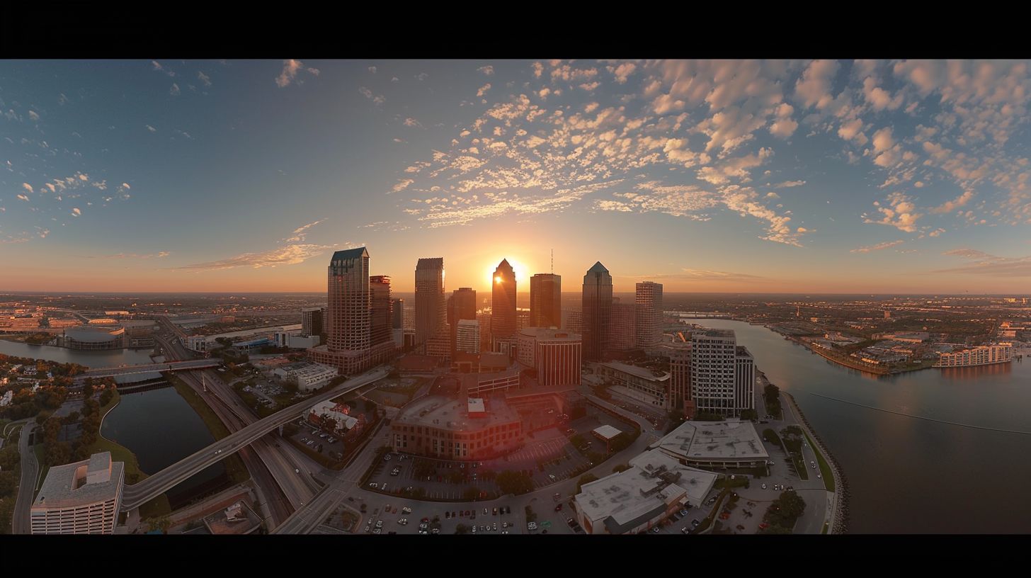 A wide-angle shot captures the expansive Tampa Bay skyline during golden hour.