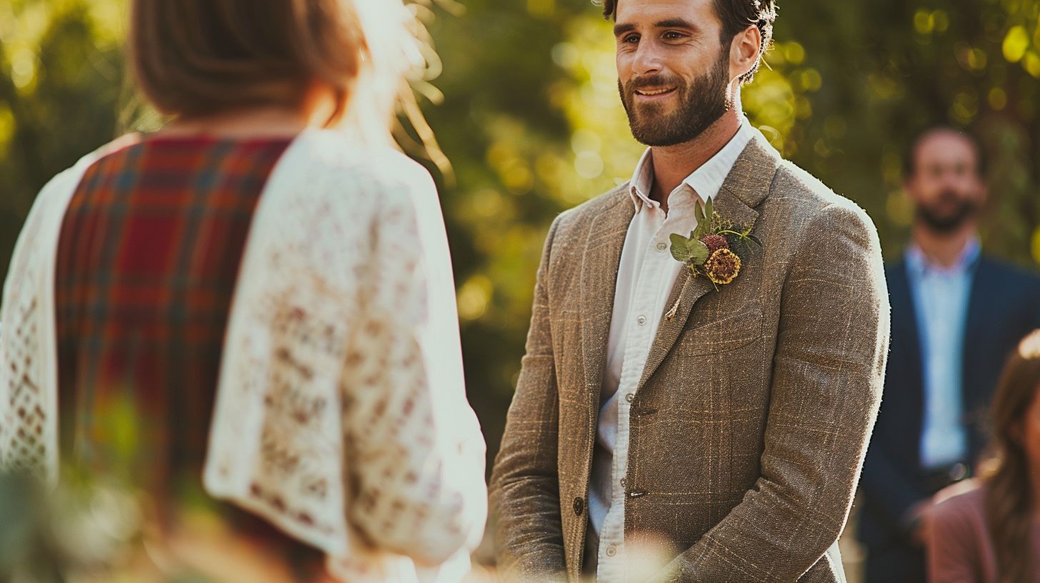 A wedding photographer captures an outdoor ceremony with a focus on portrait photography.