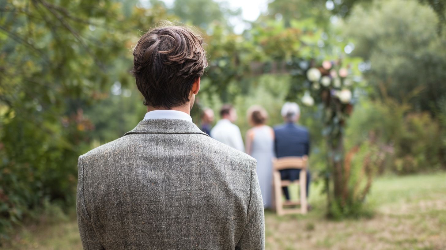 A wedding photographer captures an outdoor ceremony with a focus on portrait photography.
