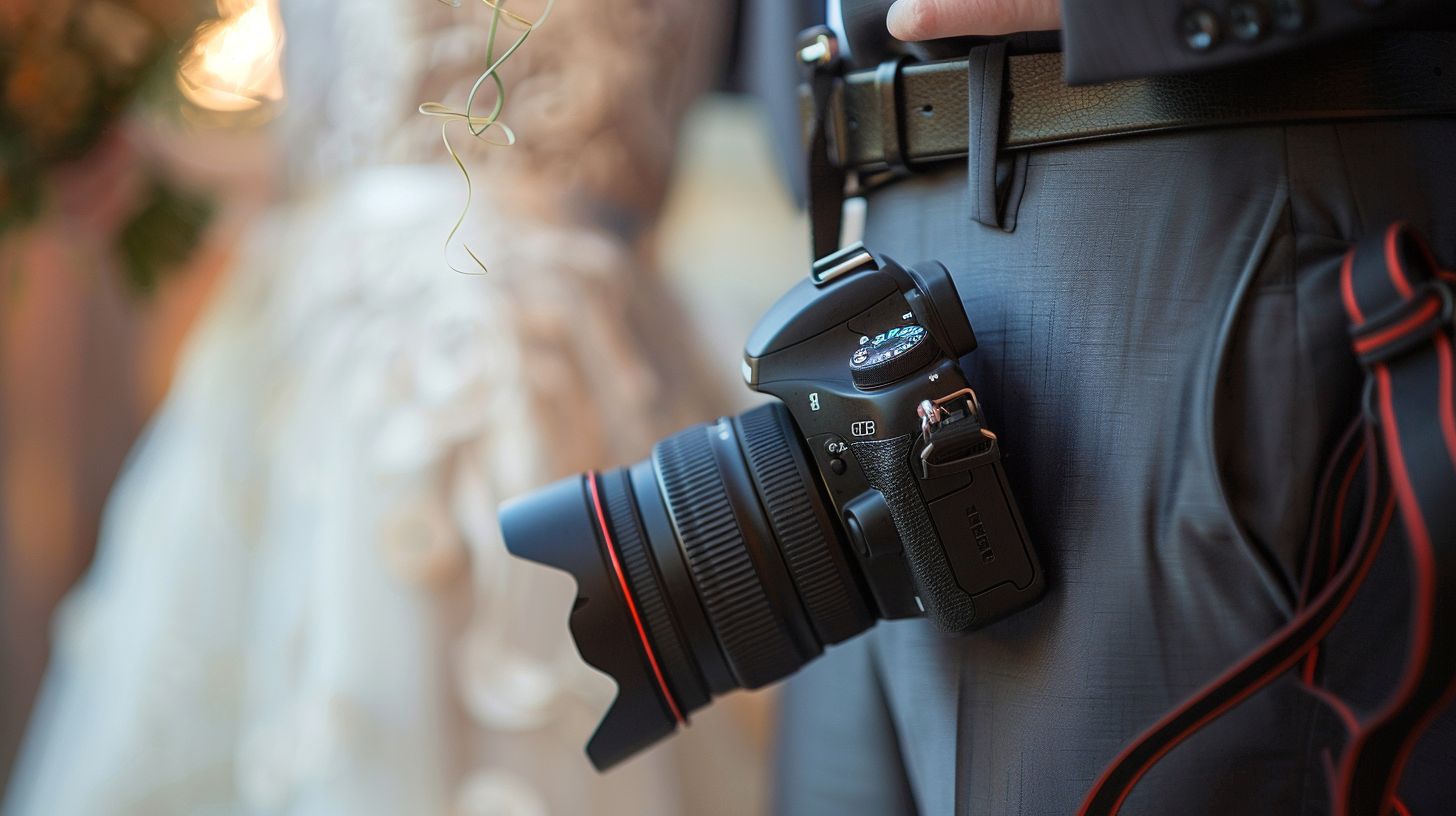 Stylish wedding photographer attire with professional equipment for lifestyle photography.