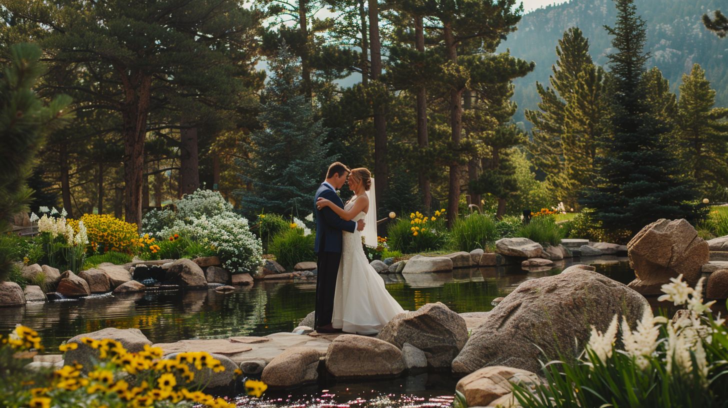 A newlywed couple shares an intimate moment in the picturesque gardens of Della Terra Mountain Chateau.