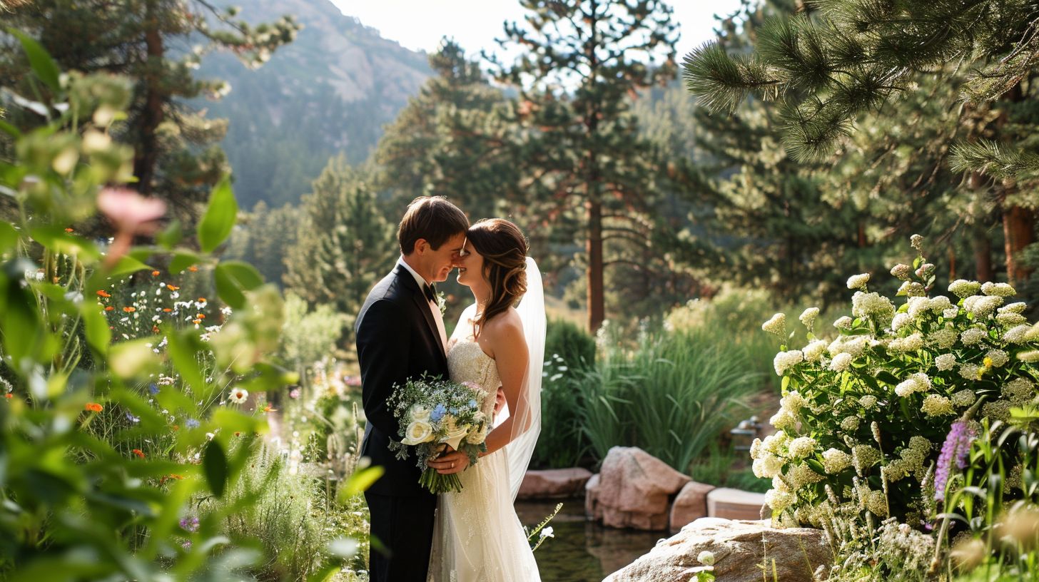 A newlywed couple shares an intimate moment in the picturesque gardens of Della Terra Mountain Chateau.