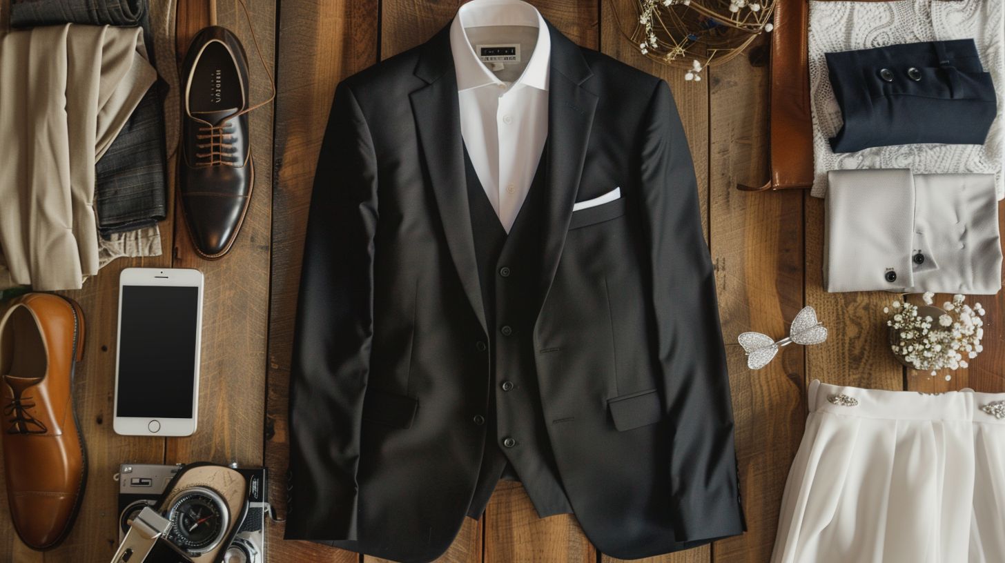 Stylish professional attire for wedding photographers shown in a flat lay photography collection.