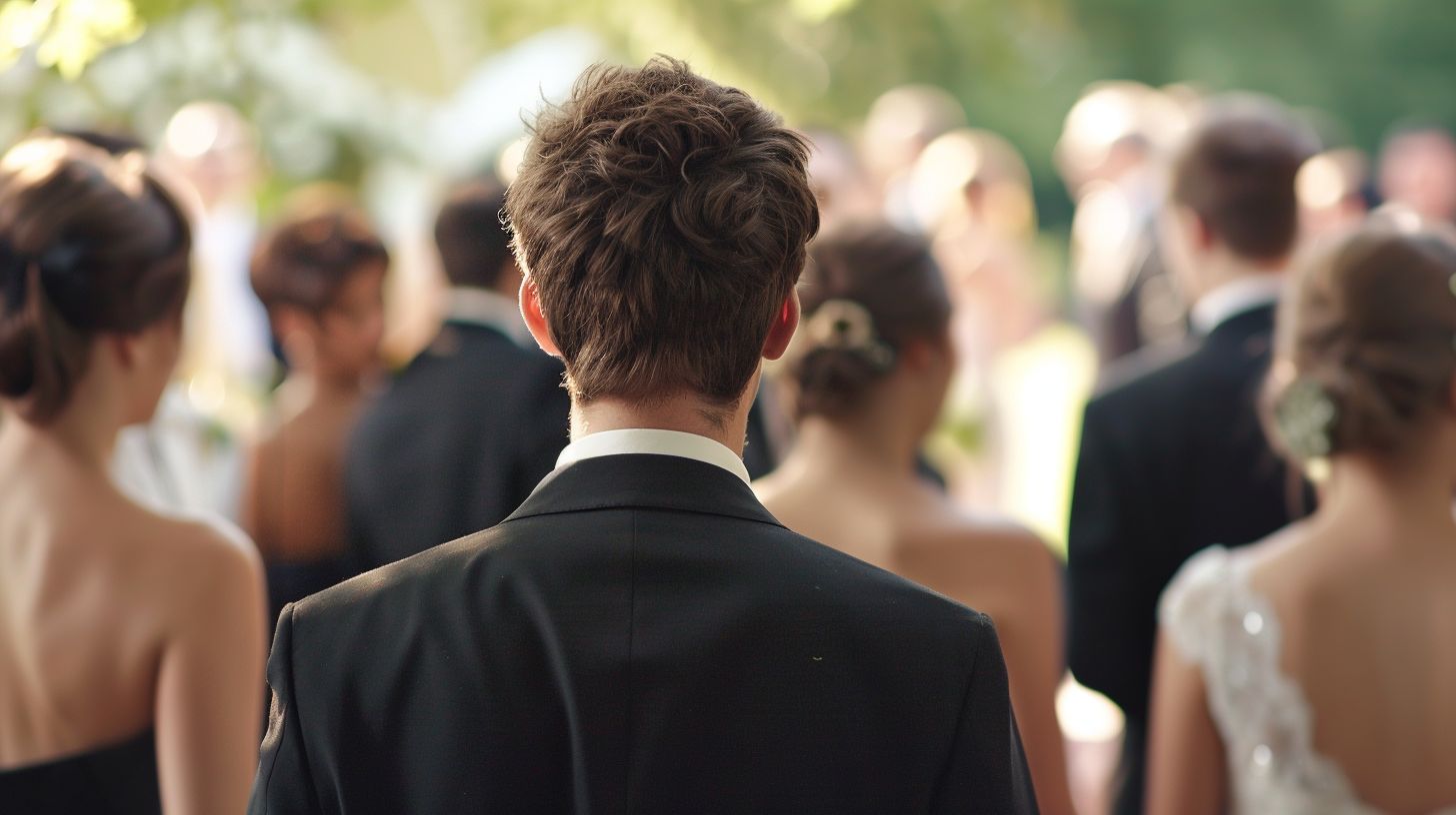 A wedding photographer in formal attire captures moments with a DSLR and 50mm prime lens.