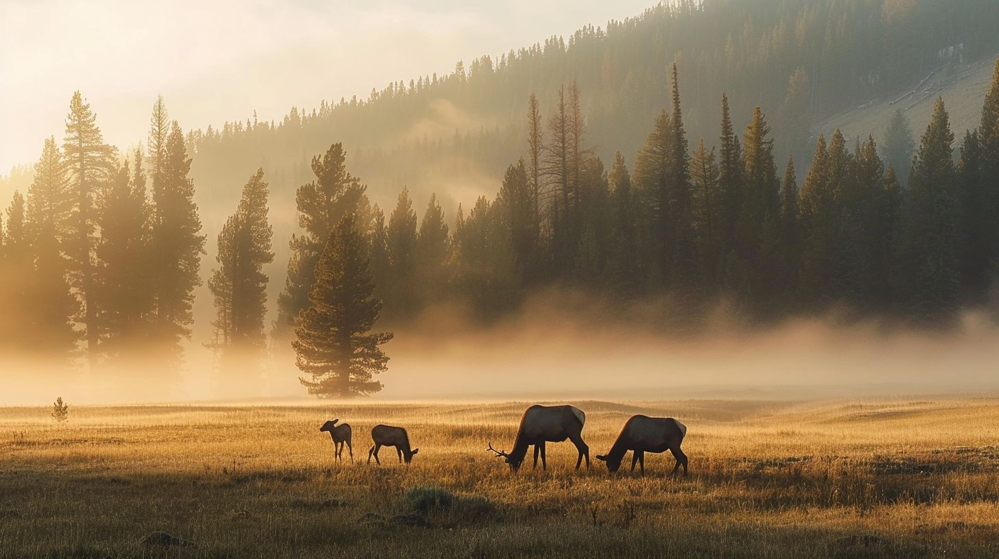 A family of elk grazing in a meadow at dawn, captured in wildlife photography.