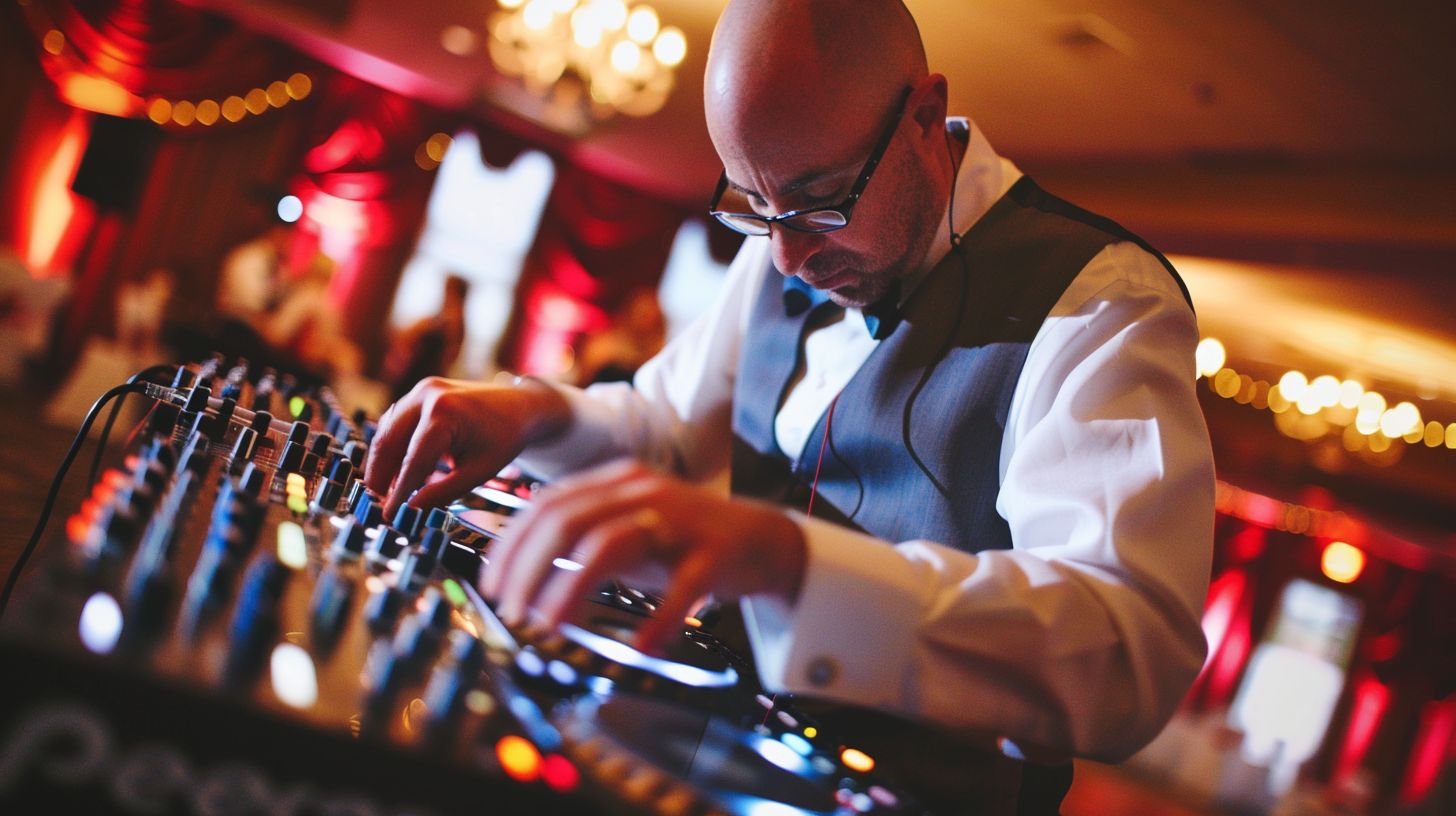 A DJ is seen adjusting equipment at a wedding venue.