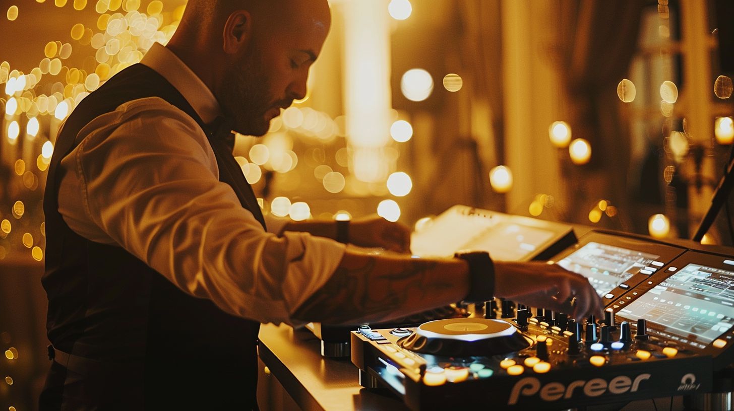 A DJ is seen adjusting equipment at a wedding venue.