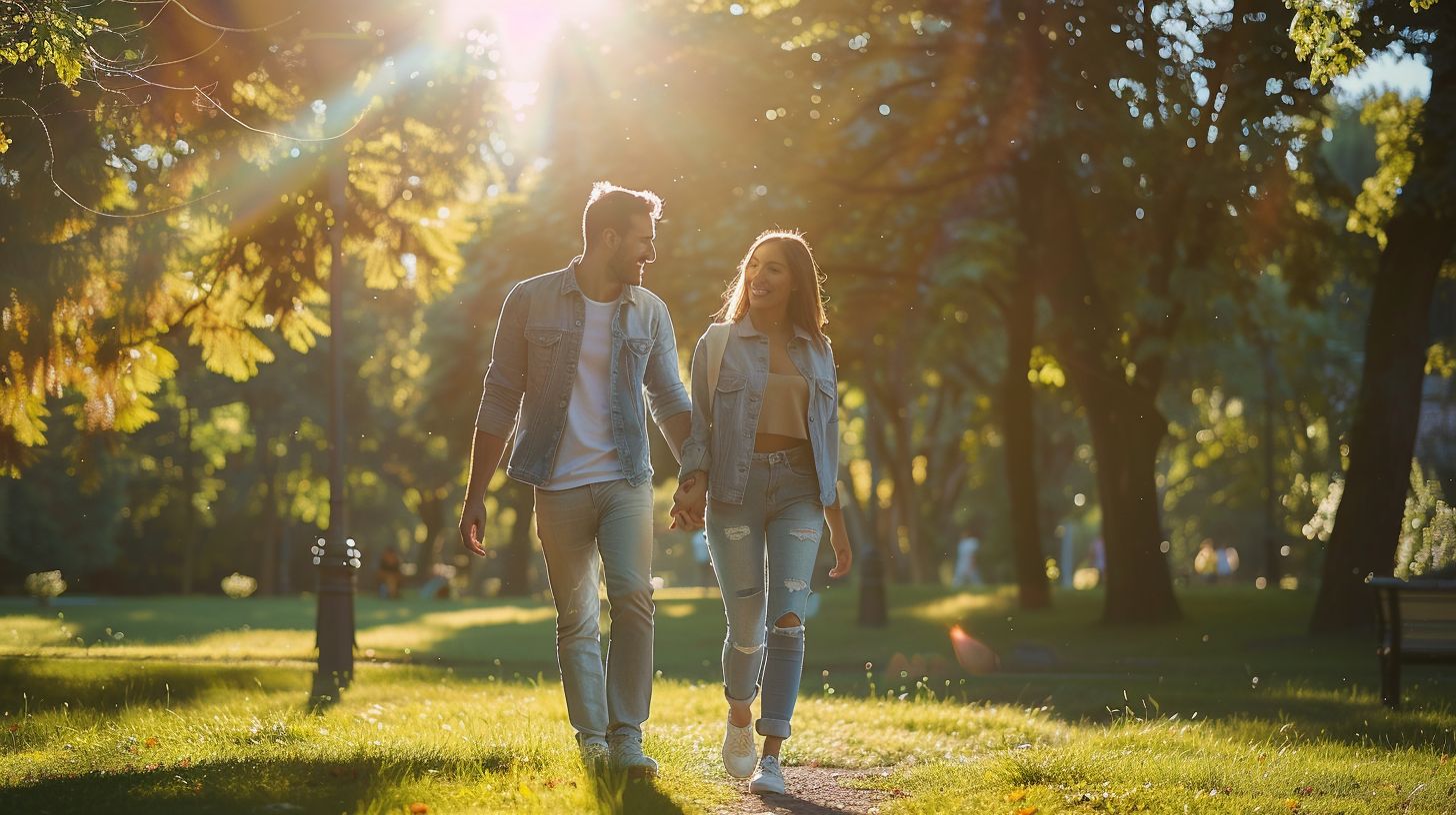 A casually dressed couple walks through a sunlit park in a portrait photograph.