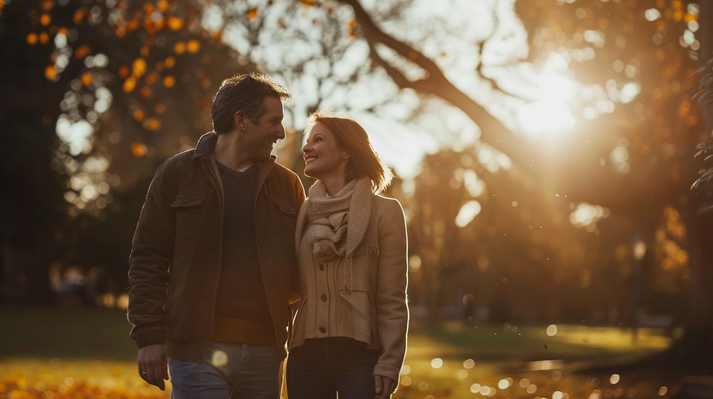 A casually dressed couple walks through a sunlit park in a portrait photograph.