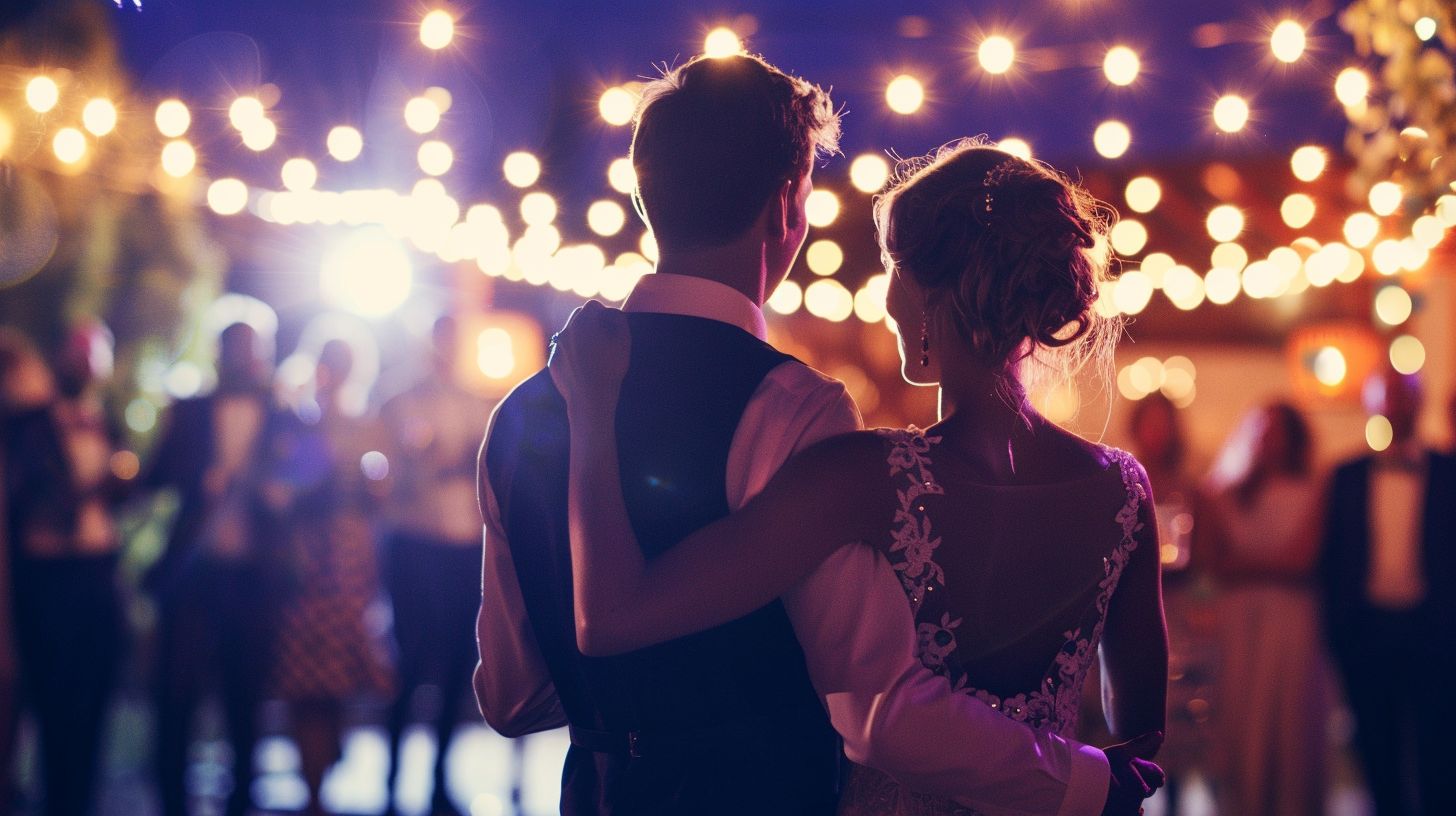 A newly married couple enjoys their first dance at an outdoor wedding reception.