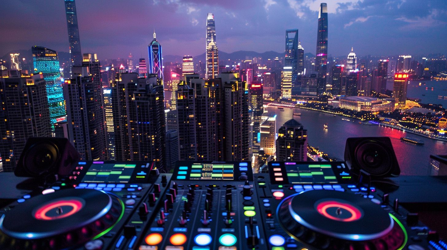 A modern DJ setup is showcased against a backdrop of city lights in a high-resolution photograph.