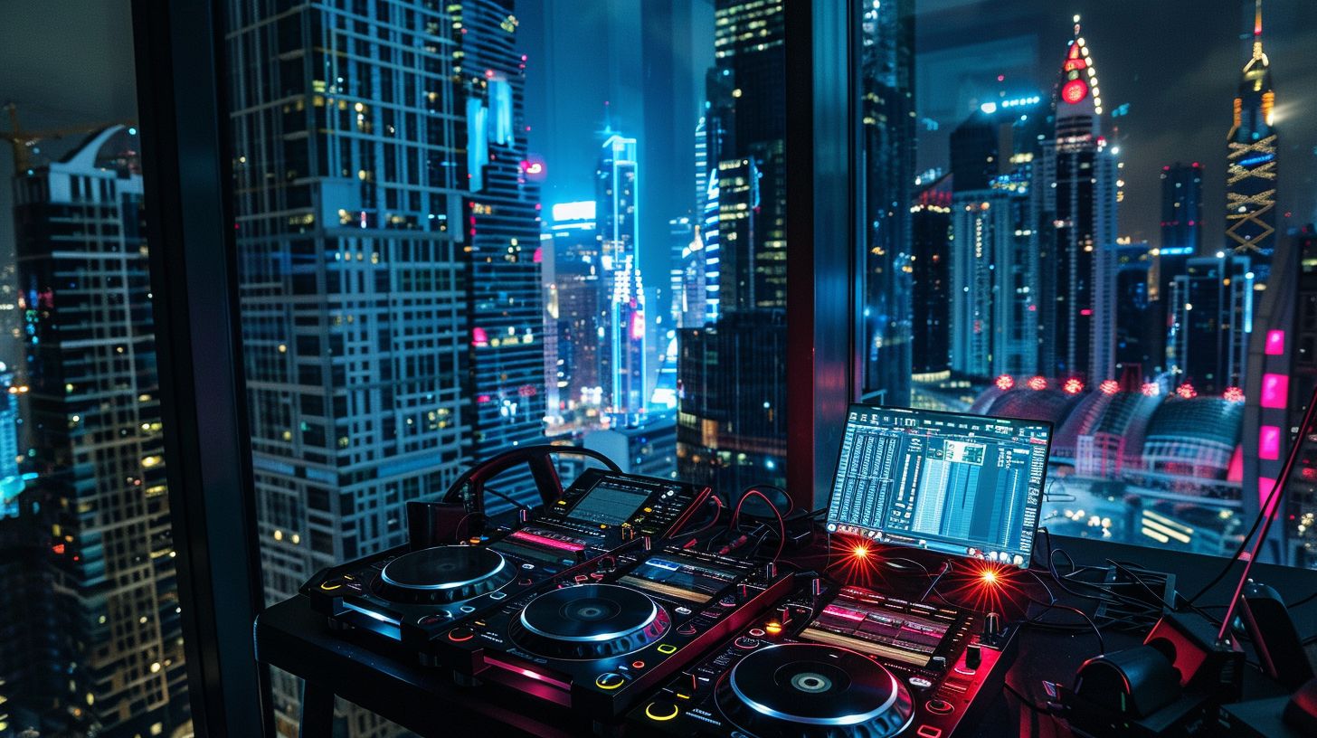 A modern DJ setup is showcased against a backdrop of city lights in a high-resolution photograph.
