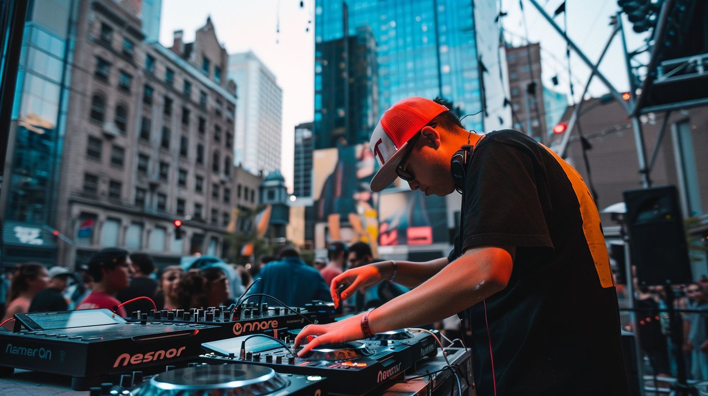 A DJ sets up equipment in a city venue before an event.