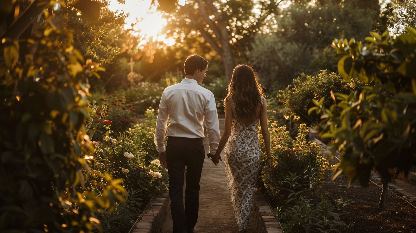 A stylish couple walks through a beautiful garden in elegant matching outfits.