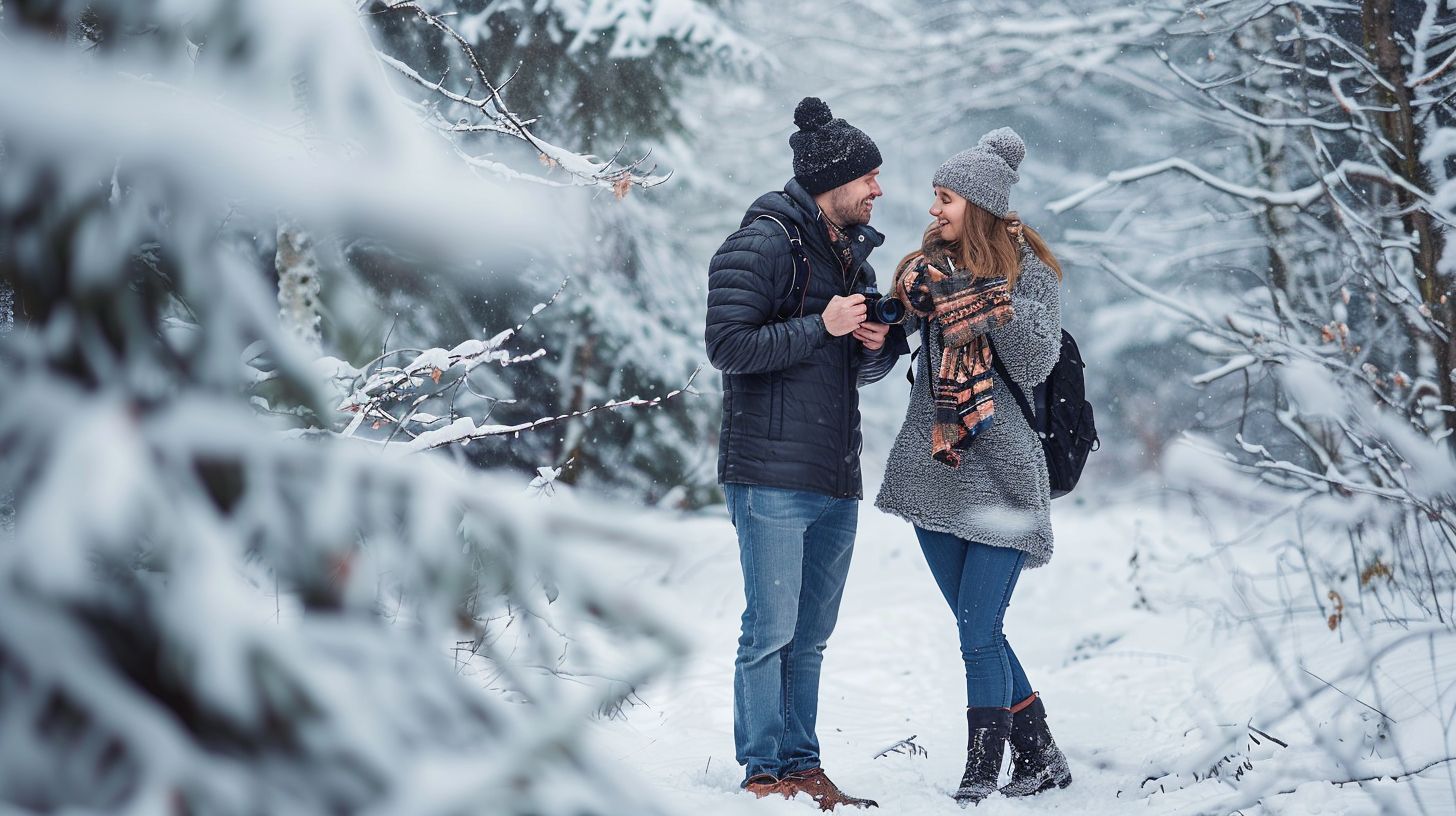 A couple in fashionable winter clothes walks through a snow-covered forest, posing for a nature photographer.