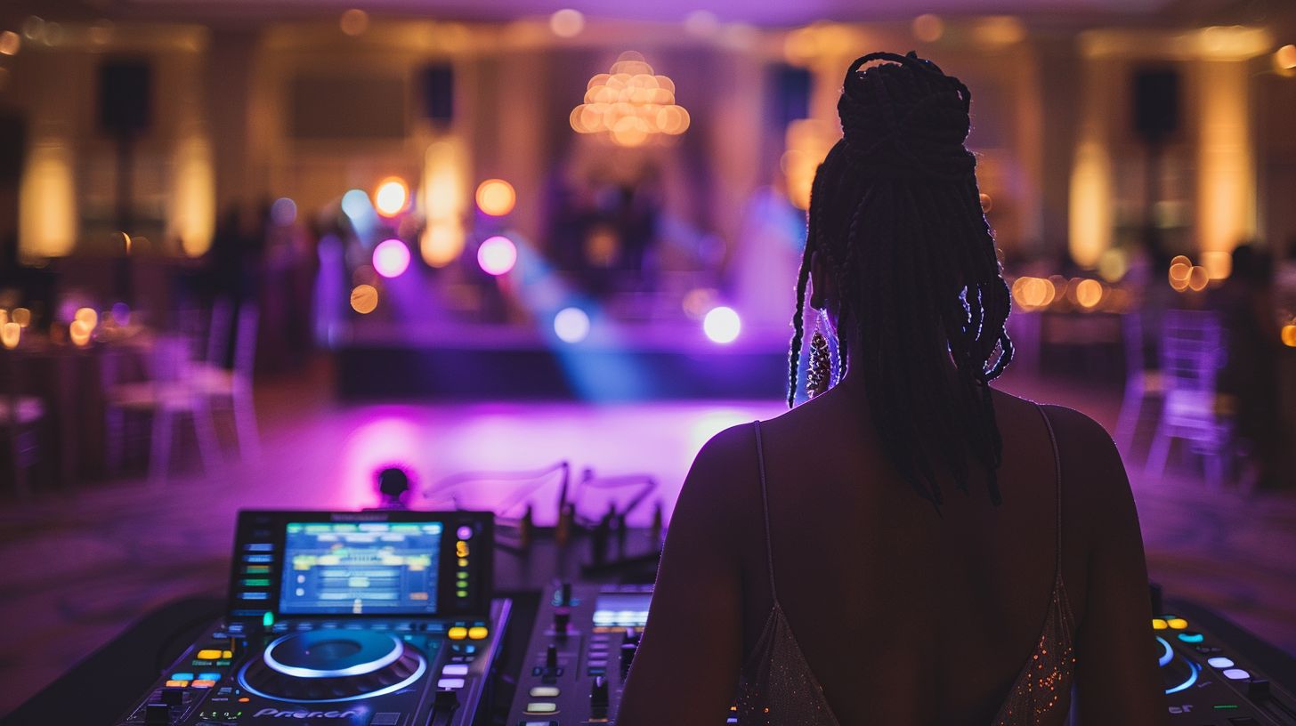 A wedding reception DJ sets up sound equipment while Event Photography captures the setup.