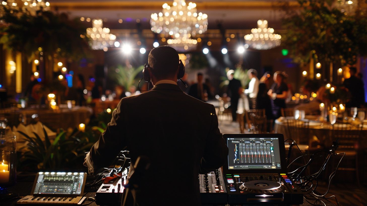 A wedding reception DJ sets up sound equipment while Event Photography captures the setup.