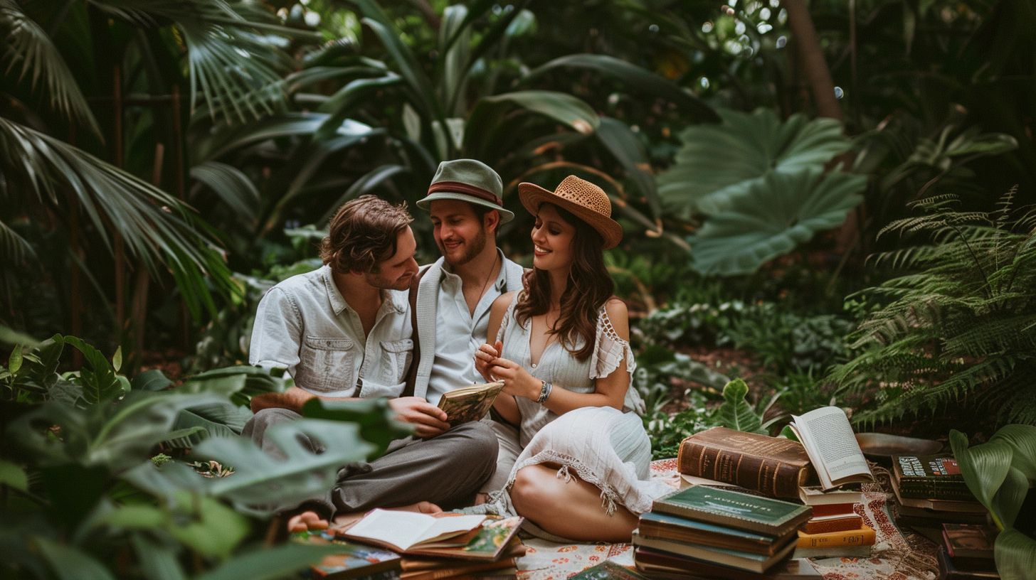 A couple sitting on a picnic blanket surrounded by vintage books in a botanical garden.