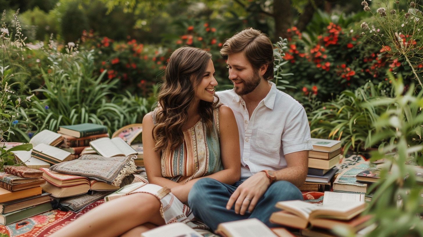 A couple sitting on a picnic blanket surrounded by vintage books in a botanical garden.