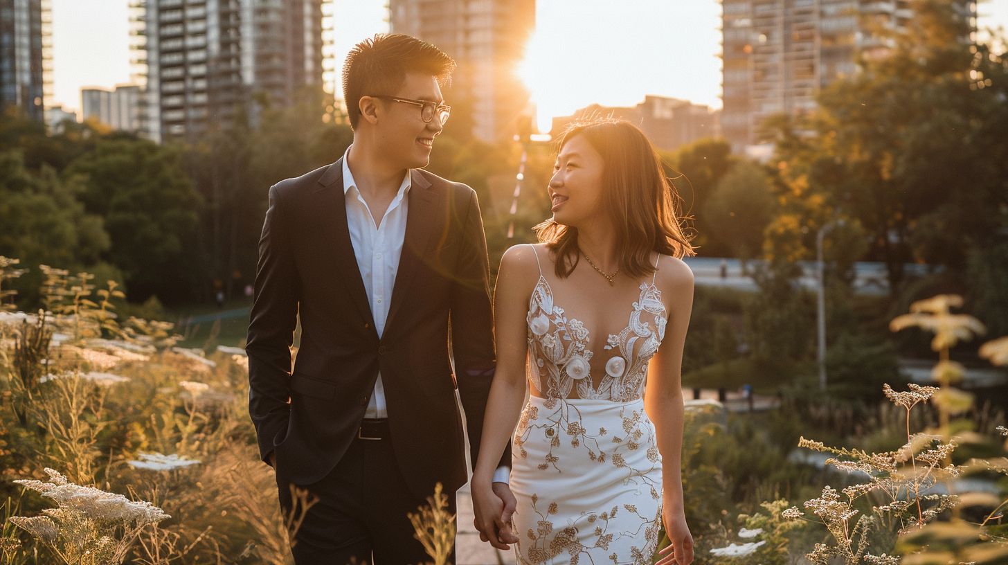 A well-dressed couple wandering through a scenic urban setting.