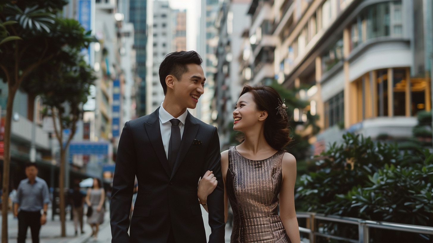 A well-dressed couple wandering through a scenic urban setting.