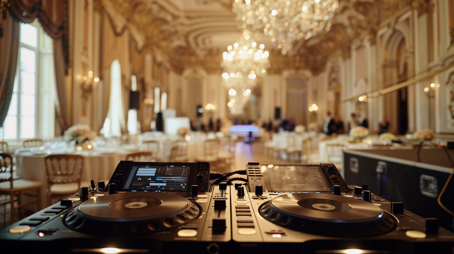 Sound equipment being set up for a wedding DJ in an elegant ballroom.